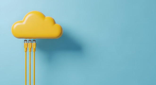 Cloud Computing Concept , Cloud storage and cloud computing concept with golden cloud form and ethernet cables falling from it on abstract light background - Powered by Adobe