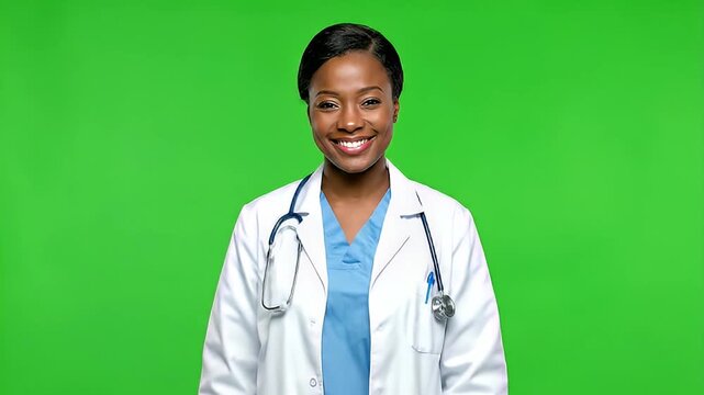 A smiling Black female doctor wearing a white lab coat and stethoscope stands against a green screen background.