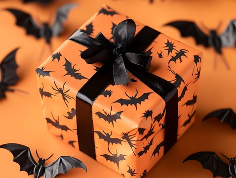 Halloween Gift Box with Bat Pattern and Black Ribbon
