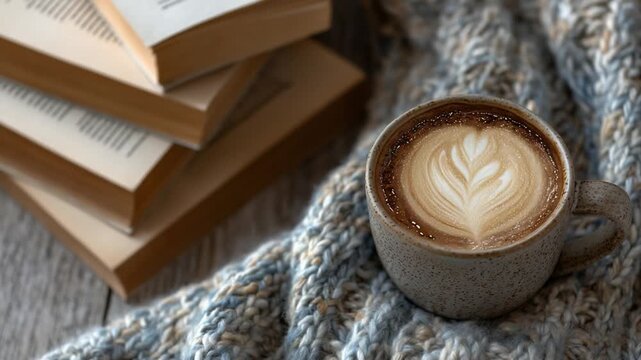 Cozy overhead shot of an open book on a blanket, surrounded by novels and a latte, perfect for inviting reading vibes.