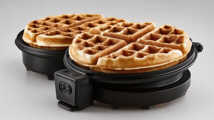 Delicious golden waffles in a modern waffle maker displaying texture and shape