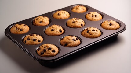 Obraz premium Freshly baked chocolate chip muffins in a baking tray ready for enjoyment
