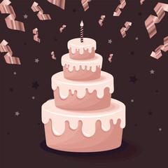 Festive vector illustration: Happy Birthday! Delicious pink cake. Greeting card, invitation, layout, printable template.