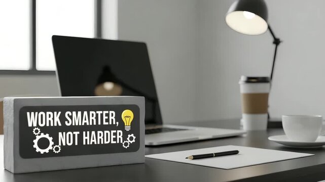 Work smarter, not harder sign on a desk with laptop and coffee