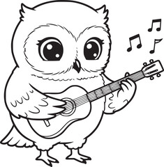 Cute Cartoon Owl Playing Acoustic Guitar with Musical Notes