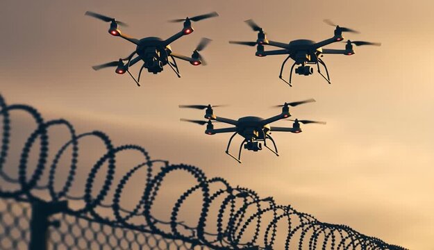 Three military surveillance drones flying above multiple rows of barbed wire fence, drone silhouettes against dramatic sky, security and border control concept