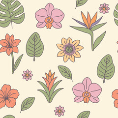 Vector seamless pattern with tropical flowers and leaves in pastel colors. Includes monstera, orchid, hibiscus, and strelitzia. Ideal for fabric, wrapping paper, or summer design.