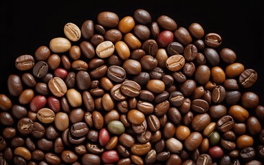 Fototapeta premium An overhead view of a collection of roasted coffee beans with varied colors and a dark background suggesting freshness and quality