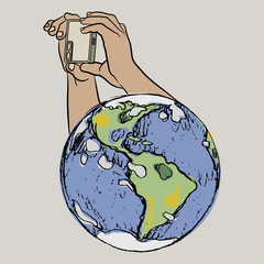 Two huge human hands emerging from planet earth and taking picture with a cell phone. Creative funny concept.