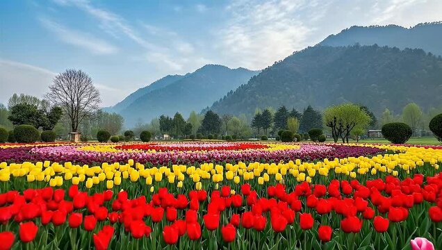 Colorful Tulip Field with Mountain Landscape Under Blue Sky in Srinagar