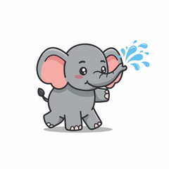 Cute Cartoon Style Elephant Spraying Water with Trunk Illustration
