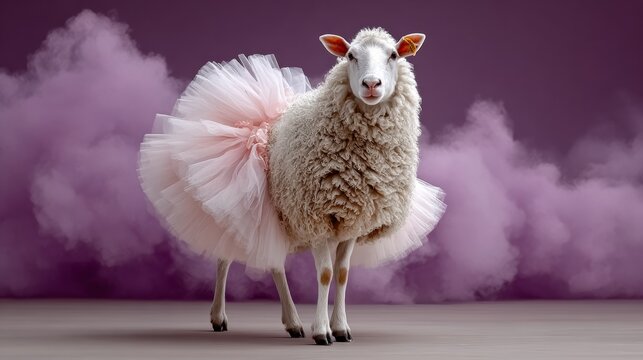 A sheep wearing a pink tutu standing against a purple smoky background