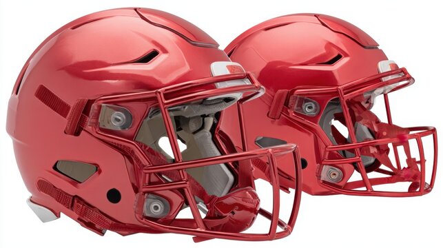 Two football helmets are shown in red. The helmets are shiny and look like they are made of metal