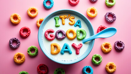 Colorful cereal letters spell its a good day in milk bowl