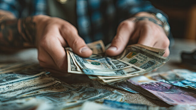 Student counting various currencies during finance lesson