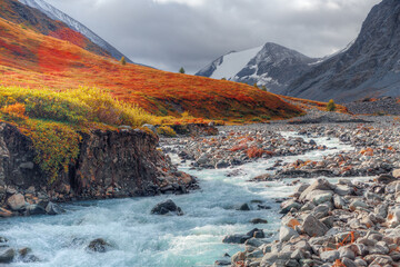 Russia. Altai Mountains. A mountain river against the backdrop of an autumn valley.