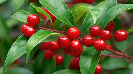 Obraz premium A cluster of red berries on a leafy branch. The berries are small and shiny, and they are surrounded by green leaves. Concept of freshness and vitality