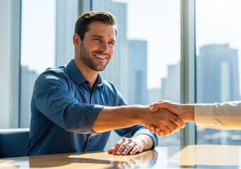 Business professional shaking hands in modern office with city skyline view success partnership agreement
