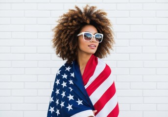 Stylish young woman wrapped in american flag wearing sunglasses outdoors