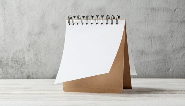 A minimalist desk calendar with a spiral binding, standing on a light wooden surface. The calendar has a blank white page with a simple brown cardboard backing
