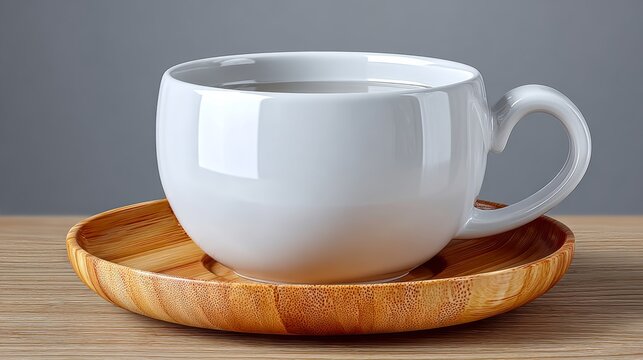 A white ceramic cup filled with water, placed on a round bamboo tray, set against a gray background