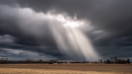 darkness. Beam of sunlight breaking through dark storm clouds, illuminating the ground. travel magazines, destination branding, designed for outdoor magazines and nature guides.
