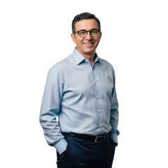 Fototapeta premium Smiling man in blue shirt and glasses isolated on transparent background