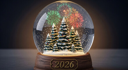2026 New Year Snow Globe with Fireworks and Winter Celebration