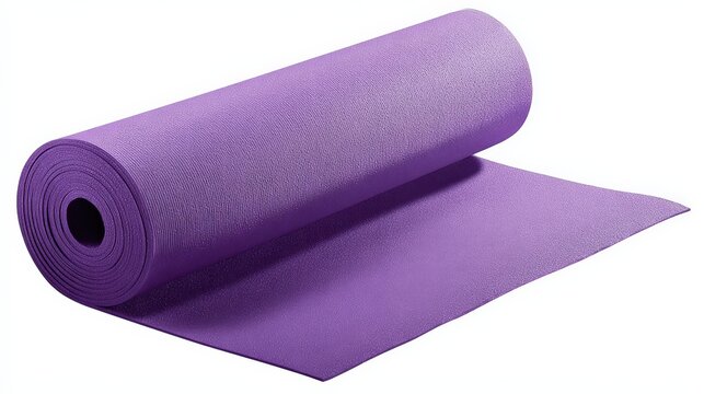 Rolled purple yoga mat on smooth surface for fitness and wellness activities