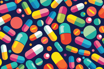 A colorful pill pattern with many different colored pills