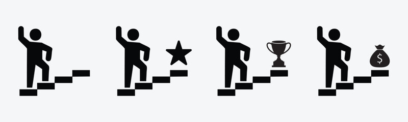 Set of Icons, Stairway to Success, Achievement, and Financial Rewards in Silhouette Vector on White Background