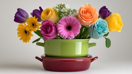A vibrant arrangement of colorful flowers in green and red pots, featuring roses, tulips, gerbera daisies, and other blooms, set against a neutral background