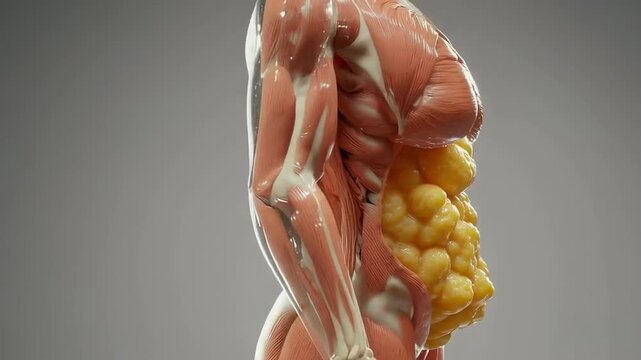 3D anatomical full-body render of human figure muscles fibrous clear striated tendons showing thick fat yellow porous sponge-like glossy uneven concentrated on stomach gut	