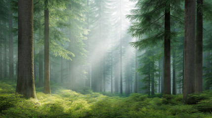 Fototapeta premium Sunlight rays shining through tall green forest trees, natural scenic view symbolizing freshness, peace, growth and environment, beautiful woodland background with copy space.