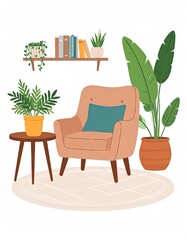 Cozy Interior with Armchair and Plants Illustration.