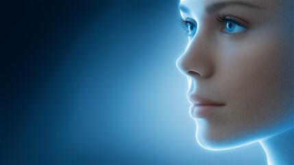 Futuristic profile of woman’s face in glowing blue light, symbolizing artificial intelligence, innovation, and digital future with sleek modern atmosphere.