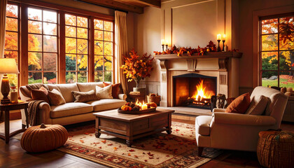 Autumn setting with leaves and a fire. AI