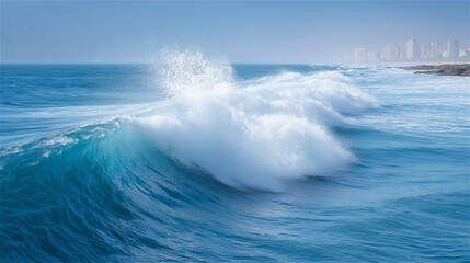 Obraz premium Powerful ocean wave crashing with foam under clear blue sky, symbolizing strength, energy, and freedom, dynamic natural seascape with scenic atmosphere.