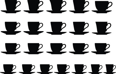 Teacup silhouette pattern, black cup icons, seamless grid layout, minimalist kitchen decor, vintage tea theme, vector illustration for design and print