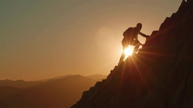 Brave hiker climbing a steep, rocky mountain peak against a beautiful golden sunset, reaching the summit with determination and showcasing the spirit of adventure, perseverance, and freedom