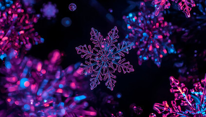 Close-up of a glowing purple snowflake with neon lights and bokeh effect. Futuristic winter concept with vibrant colors.