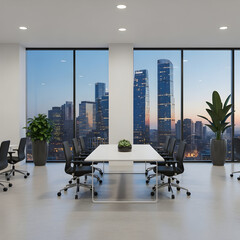 Office meeting room with city view at dusk