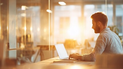 A man is sitting at a desk with a laptop open in front of him. The room is well lit, and the man is focused on his work