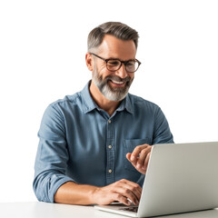 Smiling man working on laptop isolated on transparent background