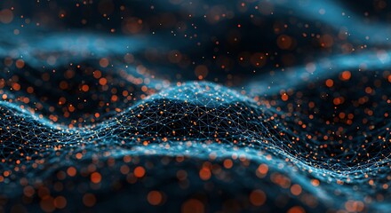 Abstract network background with glowing particles and blurred bokeh, creating a dynamic and futuristic feel for technology and science concepts