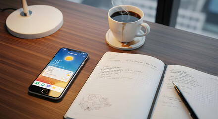 Smartphone with weather app and coffee on desk