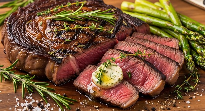 Perfectly seared ribeye steak on a wooden board with asparagus and herb butter