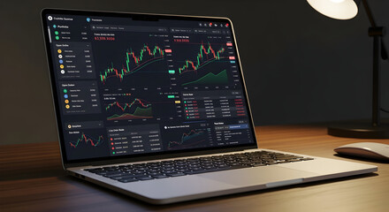 Laptop displaying stock market charts and graphs