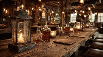 Rustic saloon with dim lighting wooden tables antique lanterns and dusty bottleswild west interior