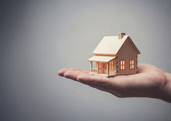 Miniature wooden house model with glowing windows placed in the palm of a human hand. Concept of real estate, home ownership, mortgage, security, and family